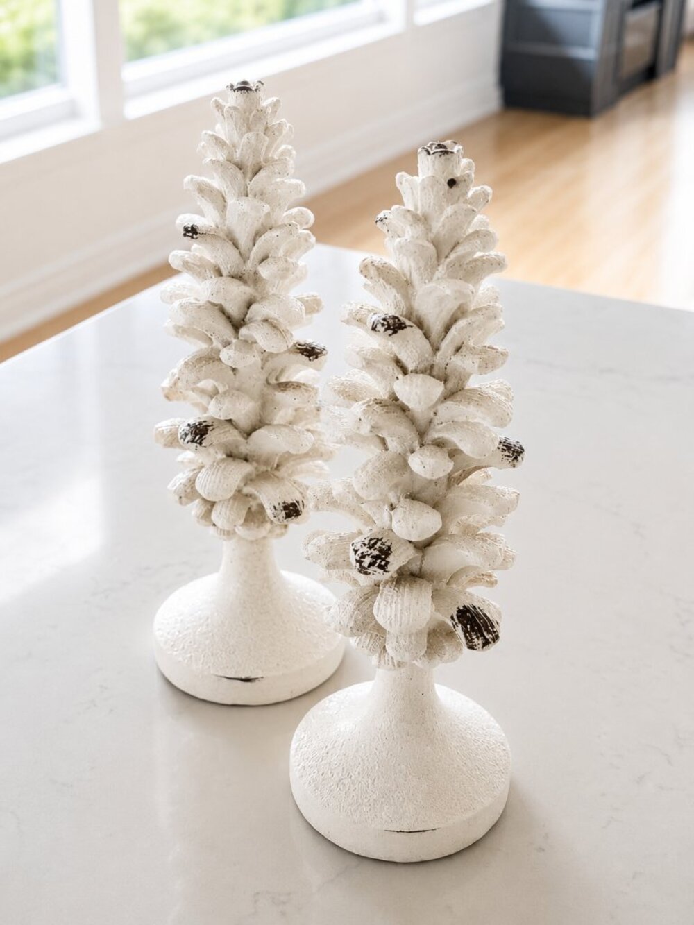 Set of 2 Neutral White Glitter Pinecone Trees Winter Cottagecore Decor